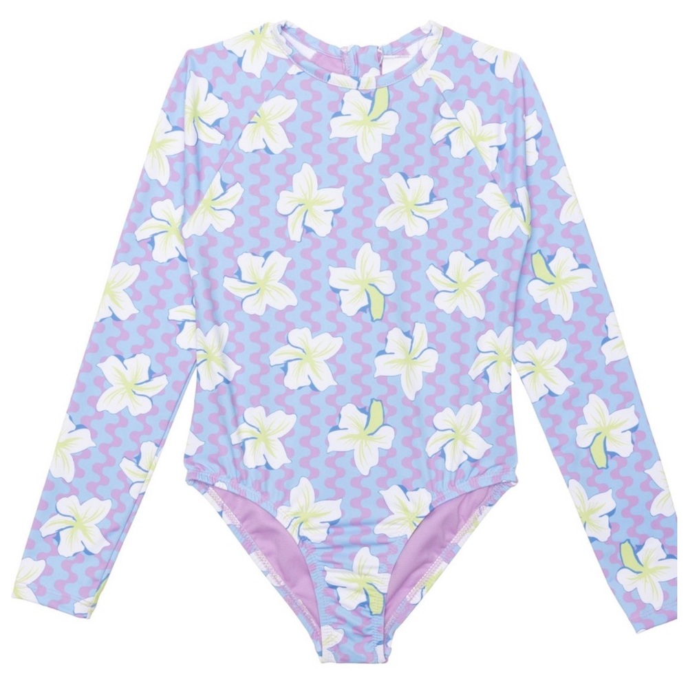 NWT! Roxy ‘Crocus Flower Petal’ Long Sleeve Kids SPF 50 Swimsuit. Back zip.